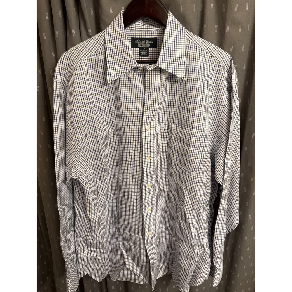 Brooks Brothers Country Club Mens L Blue White Tattersall Egyptian Cotton Shirt